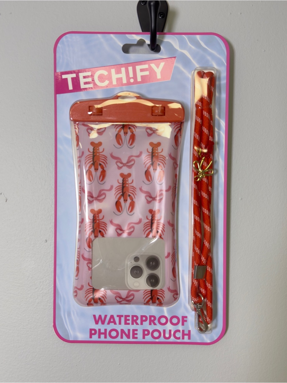 NWT Waterproof Phone Pouch in Coral Lobster Print with Orange Lanyard